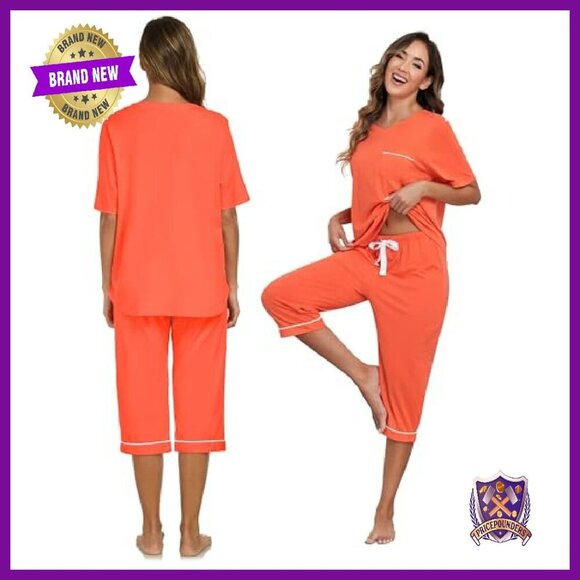 Women's 100% Cotton Pajama Set Short Sleeve Shirt Capri Pants Pockets - Picture 3 of 8